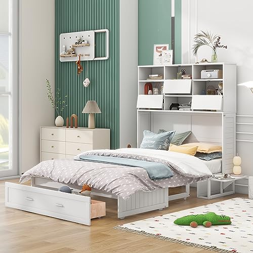 Polibi Queen Size Murphy Bed, Convertible Cabinet Bed with Bookcase, Storage Shelves and Big Drawer, White