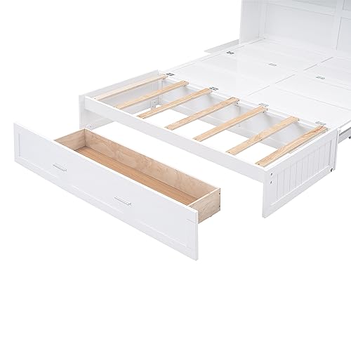 Polibi Queen Size Murphy Bed, Convertible Cabinet Bed with Bookcase, Storage Shelves and Big Drawer, White