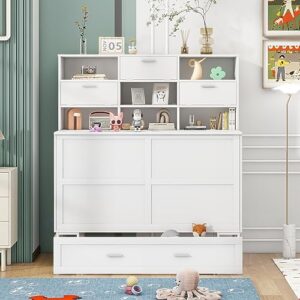 Polibi Queen Size Murphy Bed, Convertible Cabinet Bed with Bookcase, Storage Shelves and Big Drawer, White