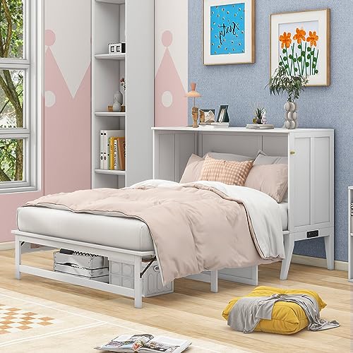 Harper & Bright Designs Queen Size Murphy Bed Cabinet with Built-in Charging Station and a Storage Shelf, White