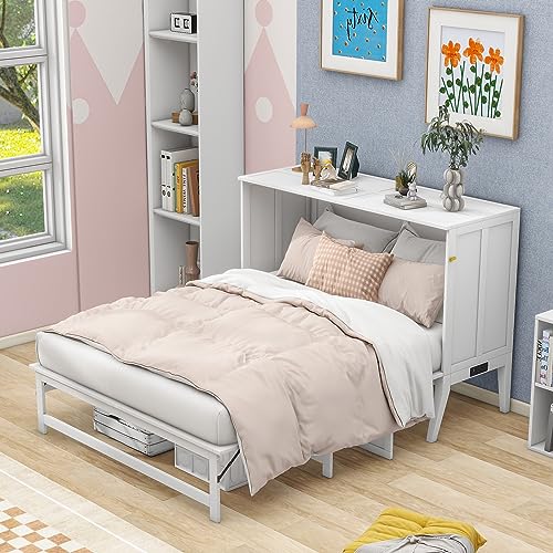 Harper & Bright Designs Queen Size Murphy Bed Cabinet with Built-in Charging Station and a Storage Shelf, White