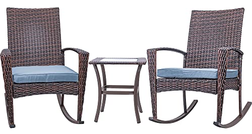 3 Piece Wicker Patio Furniture Sets, Outdoor Wicker Rocking Chairs Patio Bistro Set, Rattan Chairs Patio Furniture Set for Porch Lawn Poolside Backyard with Glass Coffee Table, Brown and Grey