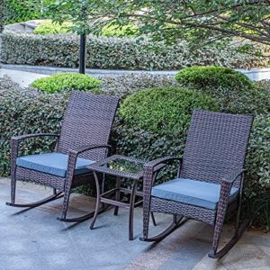 3 piece wicker patio furniture sets, outdoor wicker rocking chairs patio bistro set, rattan chairs patio furniture set for porch lawn poolside backyard with glass coffee table, brown and grey