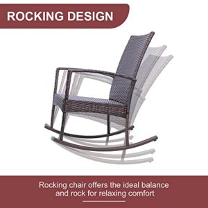 3 Piece Wicker Patio Furniture Sets, Outdoor Wicker Rocking Chairs Patio Bistro Set, Rattan Chairs Patio Furniture Set for Porch Lawn Poolside Backyard with Glass Coffee Table, Brown and Grey