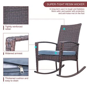 3 Piece Wicker Patio Furniture Sets, Outdoor Wicker Rocking Chairs Patio Bistro Set, Rattan Chairs Patio Furniture Set for Porch Lawn Poolside Backyard with Glass Coffee Table, Brown and Grey