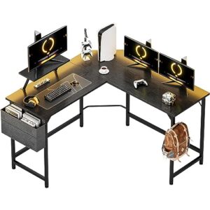 comhoma l shaped gaming desk with led lights, 51" gaming corner desk with monitor stand, sturdy home computer office desk with storage bag, pc gaming table, gaming table for writing workstation, black