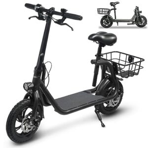 electric scooter for adults, 20 miles range 15.5mph foldable commuter e-scooter with seat, 450w powerful motor 36v 8ah battery 12" air tire sport scooters with basket (black)