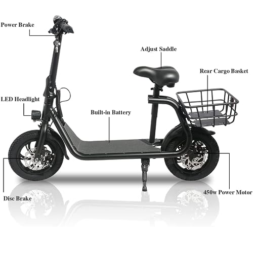 Electric Scooter for Adults, 20 Miles Range 15.5MPH Foldable Commuter E-Scooter with Seat, 450W Powerful Motor 36V 8Ah Battery 12" Air Tire Sport Scooters with Basket (Black)