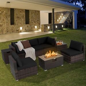 BaRdzo 8PCS Patio Rattan Furniture Set Fire Pit Table Tank Holder Cover Deck Black