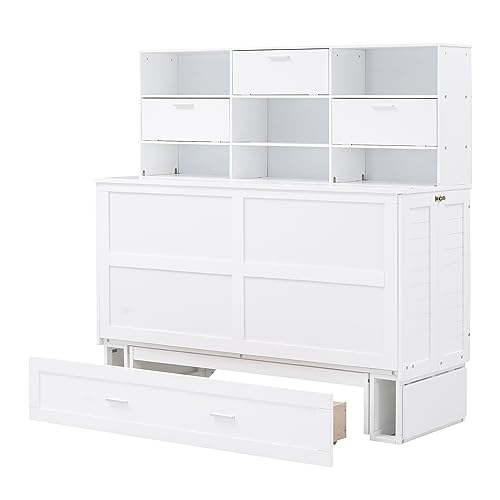 YSWH Queen Murphy Bed Chest, Wood Murphy Bed Frame with Bookcase, Bedside Shelves and Drawer, Versatile Chest Bed Folding Bed for Bedroom Furniture, Foldable Platform Bed Folded into Cabinet