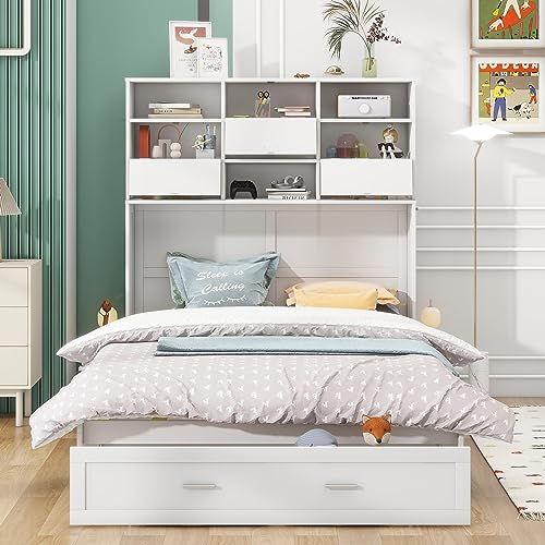 YSWH Queen Murphy Bed Chest, Wood Murphy Bed Frame with Bookcase, Bedside Shelves and Drawer, Versatile Chest Bed Folding Bed for Bedroom Furniture, Foldable Platform Bed Folded into Cabinet