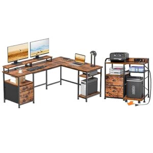 furologee 66" l shaped computer desk with shelves, printer stand with power outlet for home office, rustic brown