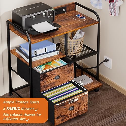 Furologee 66" L Shaped Computer Desk with Shelves, Printer Stand with Power Outlet for Home Office, Rustic Brown