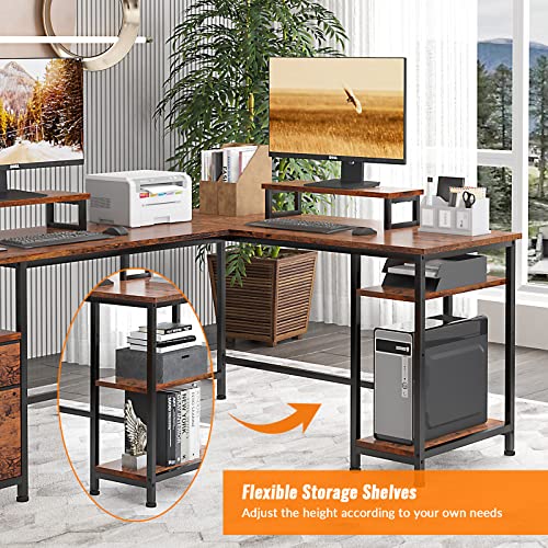 Furologee 66" L Shaped Computer Desk with Shelves, Printer Stand with Power Outlet for Home Office, Rustic Brown