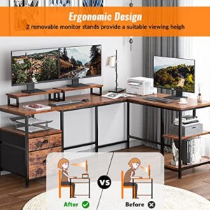 Furologee 66" L Shaped Computer Desk with Shelves, Printer Stand with Power Outlet for Home Office, Rustic Brown