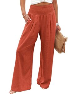 usecee linen pants for women elastic high waisted wide leg palazzo pants casual loose long lounge pant trousers with pockets orange