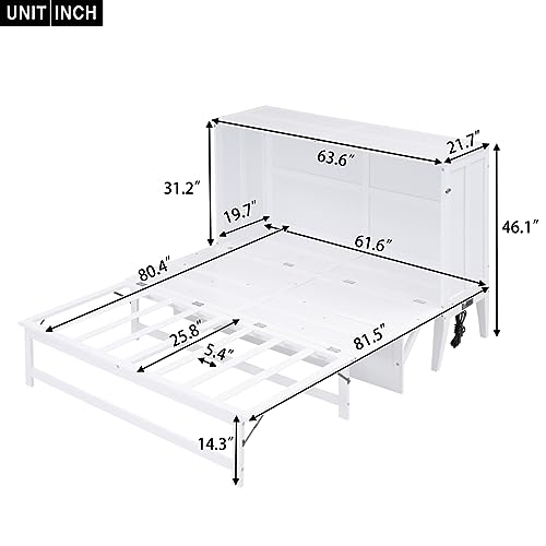 DNChuan Queen Size Murphy Bed with Desk,Built-in Charging Station and Shelf,Foldable Cube Cabinet,White