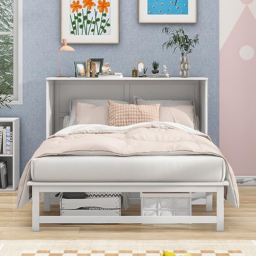 DNChuan Queen Size Murphy Bed with Desk,Built-in Charging Station and Shelf,Foldable Cube Cabinet,White