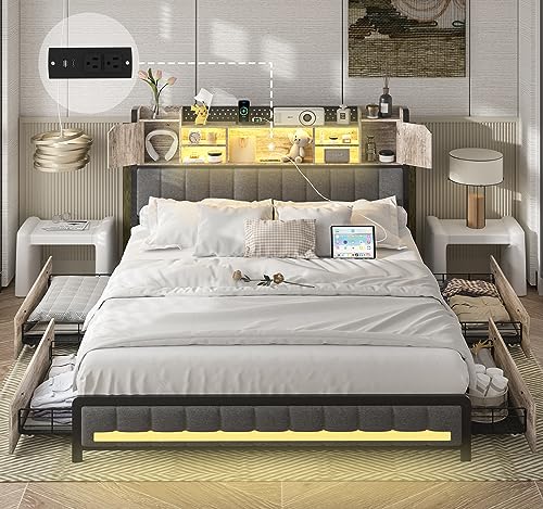 Full Size Bed Frame with Bookcase Headboard & Storage Drawers, Bed Frame Full Size with LED Lights & Charging Station, Heavy Duty Metal Bed Frame for Kids Adults, No Box Spring Needed, Charcoal Gray
