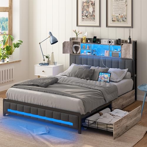 Full Size Bed Frame with Bookcase Headboard & Storage Drawers, Bed Frame Full Size with LED Lights & Charging Station, Heavy Duty Metal Bed Frame for Kids Adults, No Box Spring Needed, Charcoal Gray