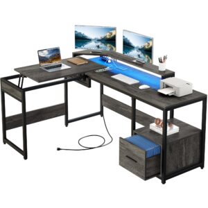 yitahome l shaped desk with power outlets & led lights, 65" large computer desk with file drawer & lift top, height adjustable standing desk with monitor stand & storage shelves, grey