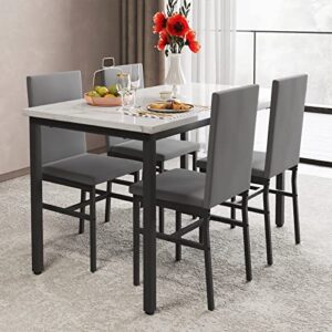 yofe dining table set for 4, kitchen table with 4 chairs,faux marble tabletop & 4 leather upholstered chairs for dining room,kitchen, dinette, breakfast nook (gray+white)