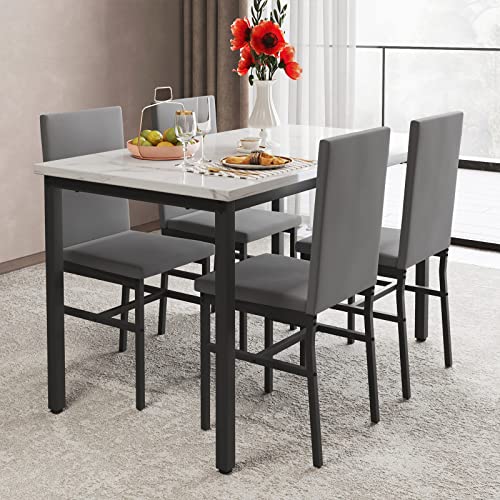 YOFE Dining Table Set for 4, Kitchen Table with 4 Chairs,Faux Marble Tabletop & 4 Leather Upholstered Chairs for Dining Room,Kitchen, Dinette, Breakfast Nook (Gray+White)