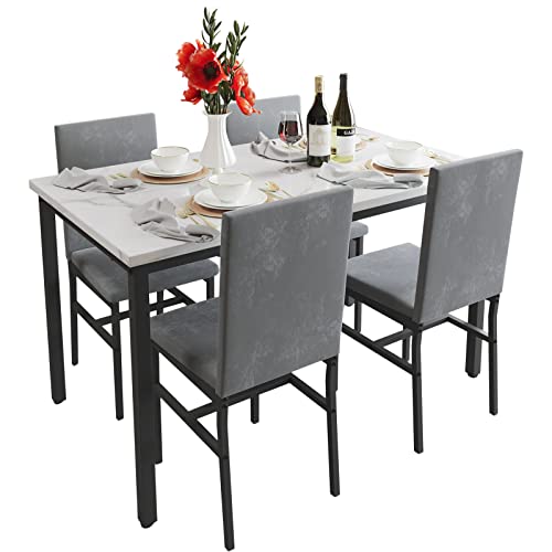 YOFE Dining Table Set for 4, Kitchen Table with 4 Chairs,Faux Marble Tabletop & 4 Leather Upholstered Chairs for Dining Room,Kitchen, Dinette, Breakfast Nook (Gray+White)