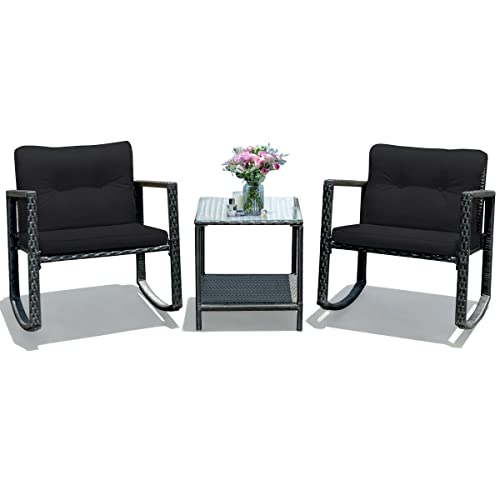 N/A 3PCS Patio Rattan Furniture Set Rocking Chairs Cushioned Sofa Black Rocking Chair