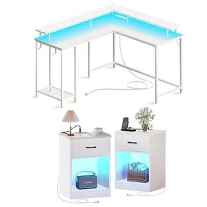 SUPERJARE L Shaped Computer Desk with Power Outlets & LED Lights and Nightstands Set of 2 with Charging Station & LED Light Strips, White