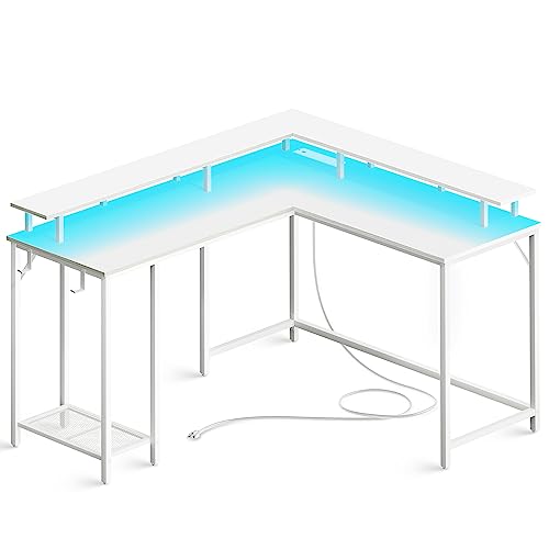 SUPERJARE L Shaped Computer Desk with Power Outlets & LED Lights and Nightstands Set of 2 with Charging Station & LED Light Strips, White
