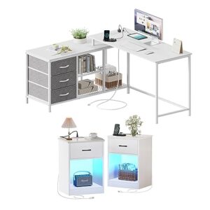 superjare l shaped desk with power outlets, computer desk with drawers & shelves and nightstands set of 2, night stands with charging station & led light strips, white