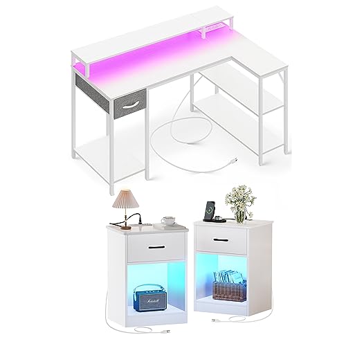 SUPERJARE L Shaped Gaming Desk with LED Lights & Power Outlets, Reversible Computer Desk and Nightstands Set of 2 with Charging Station & LED Light Strips, White