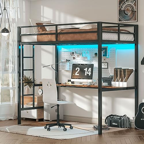 LIKIMIO Loft Bed Twin Size with Desk, Safety Guardrail and Stairs, Metal Loft Bed Frame with Power Outlet and LED Lighted, Space-Saving, Noise Free, Black