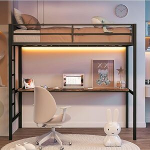 LIKIMIO Loft Bed Twin Size with Desk, Safety Guardrail and Stairs, Metal Loft Bed Frame with Power Outlet and LED Lighted, Space-Saving, Noise Free, Black