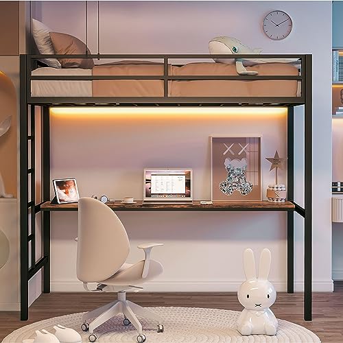 LIKIMIO Loft Bed Twin Size with Desk, Safety Guardrail and Stairs, Metal Loft Bed Frame with Power Outlet and LED Lighted, Space-Saving, Noise Free, Black