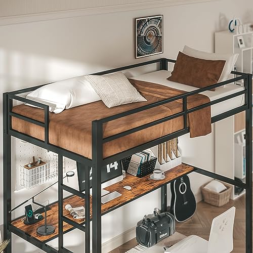 LIKIMIO Loft Bed Twin Size with Desk, Safety Guardrail and Stairs, Metal Loft Bed Frame with Power Outlet and LED Lighted, Space-Saving, Noise Free, Black