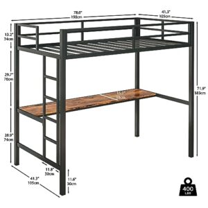 LIKIMIO Loft Bed Twin Size with Desk, Safety Guardrail and Stairs, Metal Loft Bed Frame with Power Outlet and LED Lighted, Space-Saving, Noise Free, Black