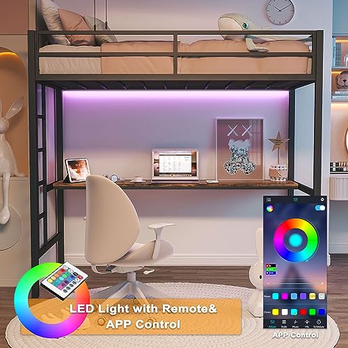 LIKIMIO Loft Bed Twin Size with Desk, Safety Guardrail and Stairs, Metal Loft Bed Frame with Power Outlet and LED Lighted, Space-Saving, Noise Free, Black