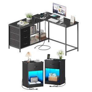 superjare l shaped desk with drawers & shelves and nightstands set of 2 with charging station & led light strips, black