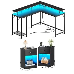 superjare l shaped gaming desk with power outlets & led lights and nightstands set of 2 with charging station & led light strips, black