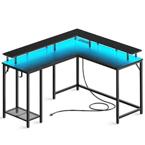 SUPERJARE L Shaped Gaming Desk with Power Outlets & LED Lights and Nightstands Set of 2 with Charging Station & LED Light Strips, Black