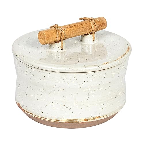 Bloomingville 6.75 Round Stoneware Lid and Pine Wood and Jute Handle in Reactive Glaze, Beige Canister