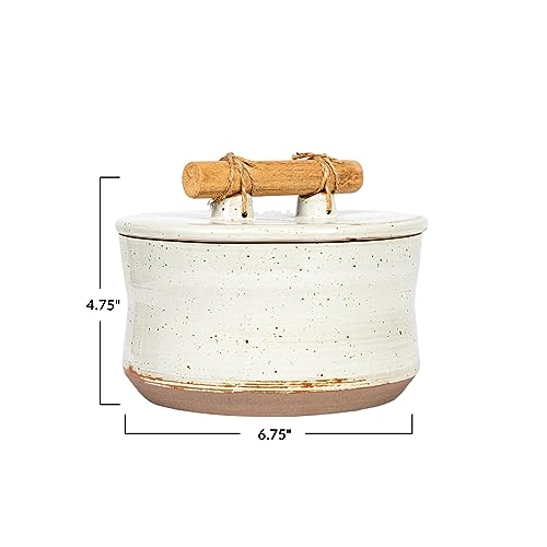 Bloomingville 6.75 Round Stoneware Lid and Pine Wood and Jute Handle in Reactive Glaze, Beige Canister