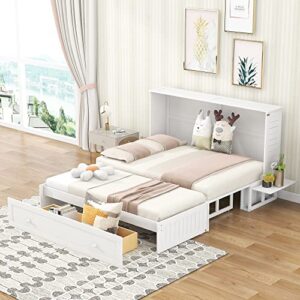 biadnbz wooden murphy bed frame queen size with drawer and little shelves on each side, versatile platform bedframe for bedroom guestroom dorm, white