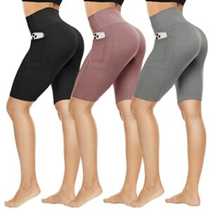 QGGQDD 3 Pack Biker Shorts Women with Pockets - 8” High Waisted Black Workout Running Yoga Shorts