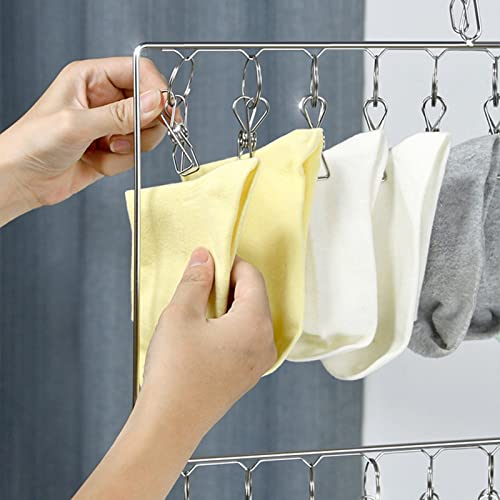 Sock Drying Rack,Clothes Drying Rack with 20/30 Stainless Steel Windproof Hook Clip, Suitable for Towel Scarf Briefs Gloves Tie Hat Socks(Square 3 Tier Sock Rack 30 Clips)