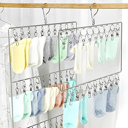 Sock Drying Rack,Clothes Drying Rack with 20/30 Stainless Steel Windproof Hook Clip, Suitable for Towel Scarf Briefs Gloves Tie Hat Socks(Square 3 Tier Sock Rack 30 Clips)