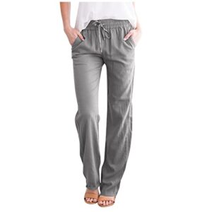 xbgqasu womens cotton linen pants straight leg drawstring elastic high waist casual loose comfy palazzo trousers with pockets(03grey,large)
