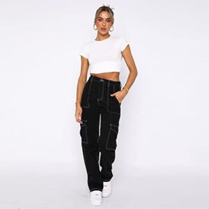 Jeans for Women High Waisted Cargo Pants Women Teen Girl Gifts Trendy Stuff Fashion Casual Loose Wide Leg Pants Hippie Clothes Lounge Baggy Jogger Pants Multiple Pockets Y2k(4A-Black,Medium)